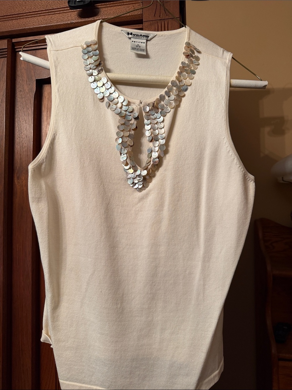 Sleeveless Cream Knit Tank with Sequin Necklace Detail